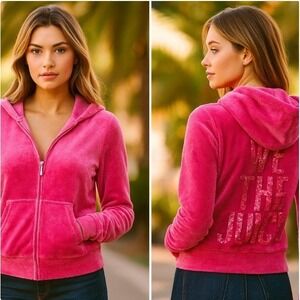 Juicy Couture Velour Hoodie‎ Full Zip Up Jacket We The Juicy Sequin Pink Large